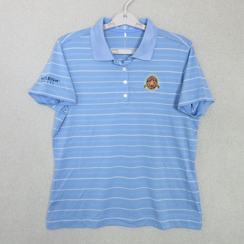 Nike Golf Polo Womens L Light Blue Striped Dri-FIT Short Sleeve Company Logo